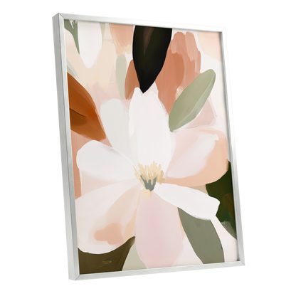 Ivory Bloom Collage, white, pink, green floral wall art shown as a silver framed poster wall art print