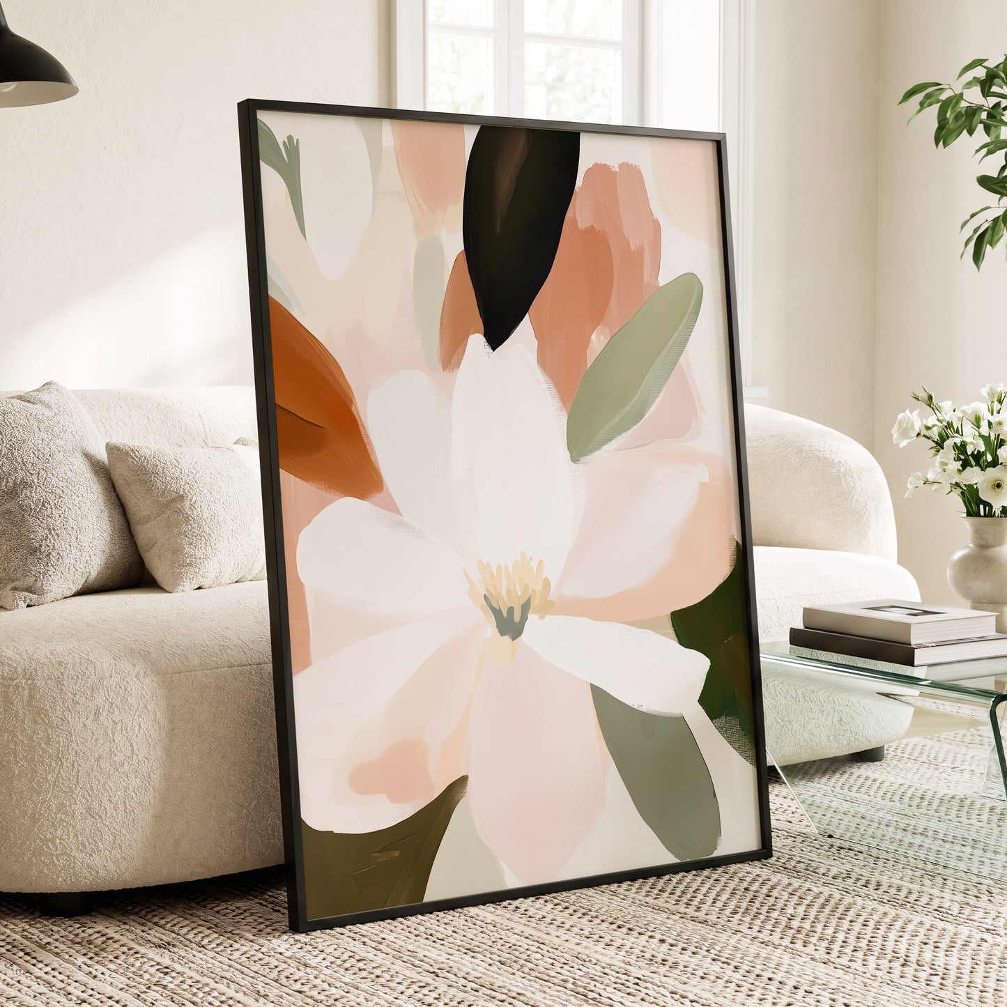 Ivory Bloom Collage, white, pink, green floral wall art displayed in a styled interior, gallery view 2
