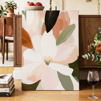 Ivory Bloom Collage, white, pink, green floral wall art displayed in a styled interior, gallery view 3