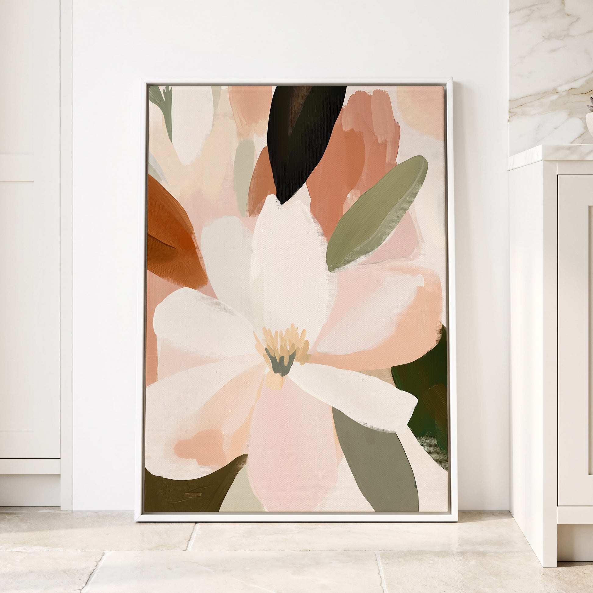 Ivory Bloom Collage, white, pink, green floral wall art displayed in a styled interior, gallery view 4