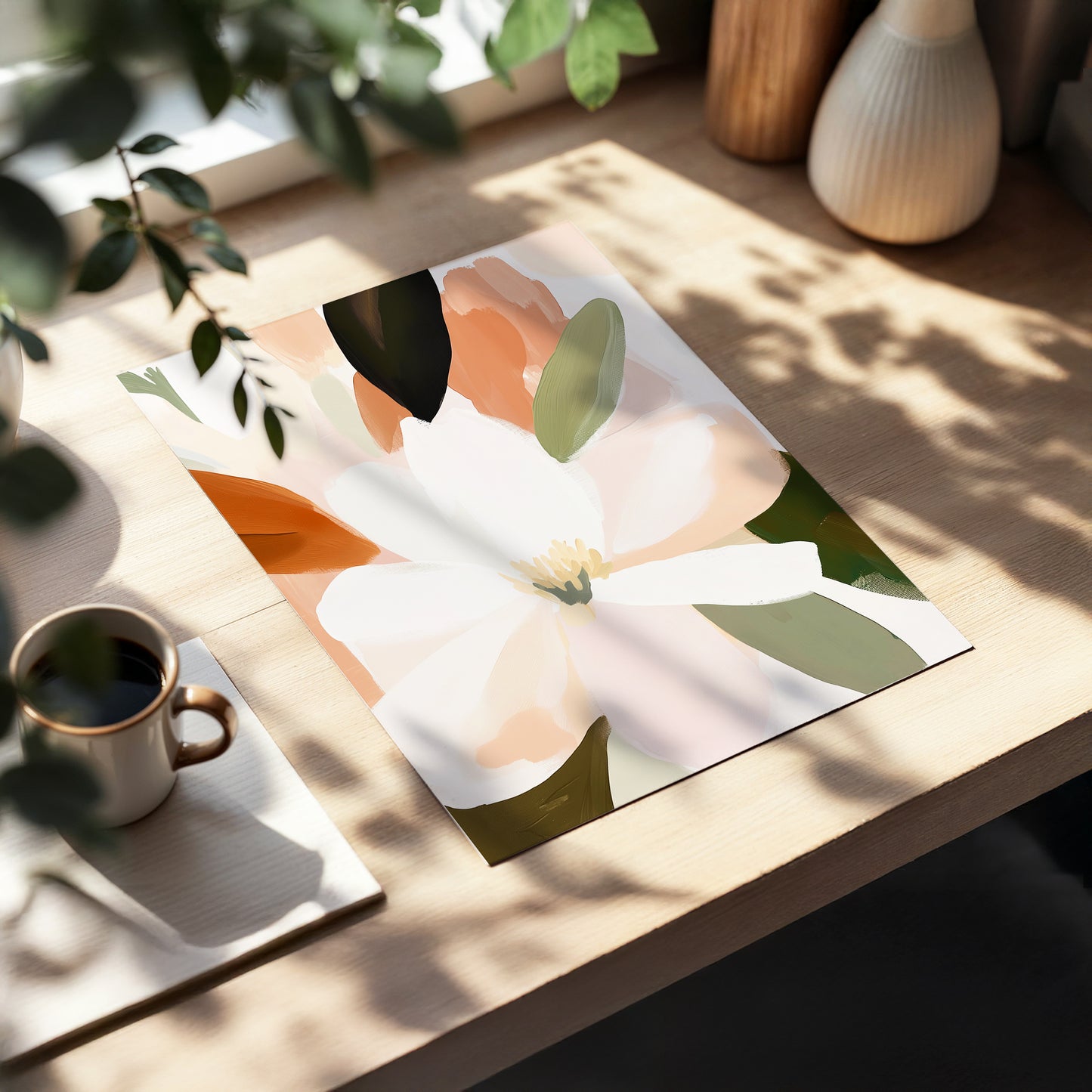 Ivory Bloom Collage, white, pink, green floral wall art displayed in a styled interior, gallery view 5