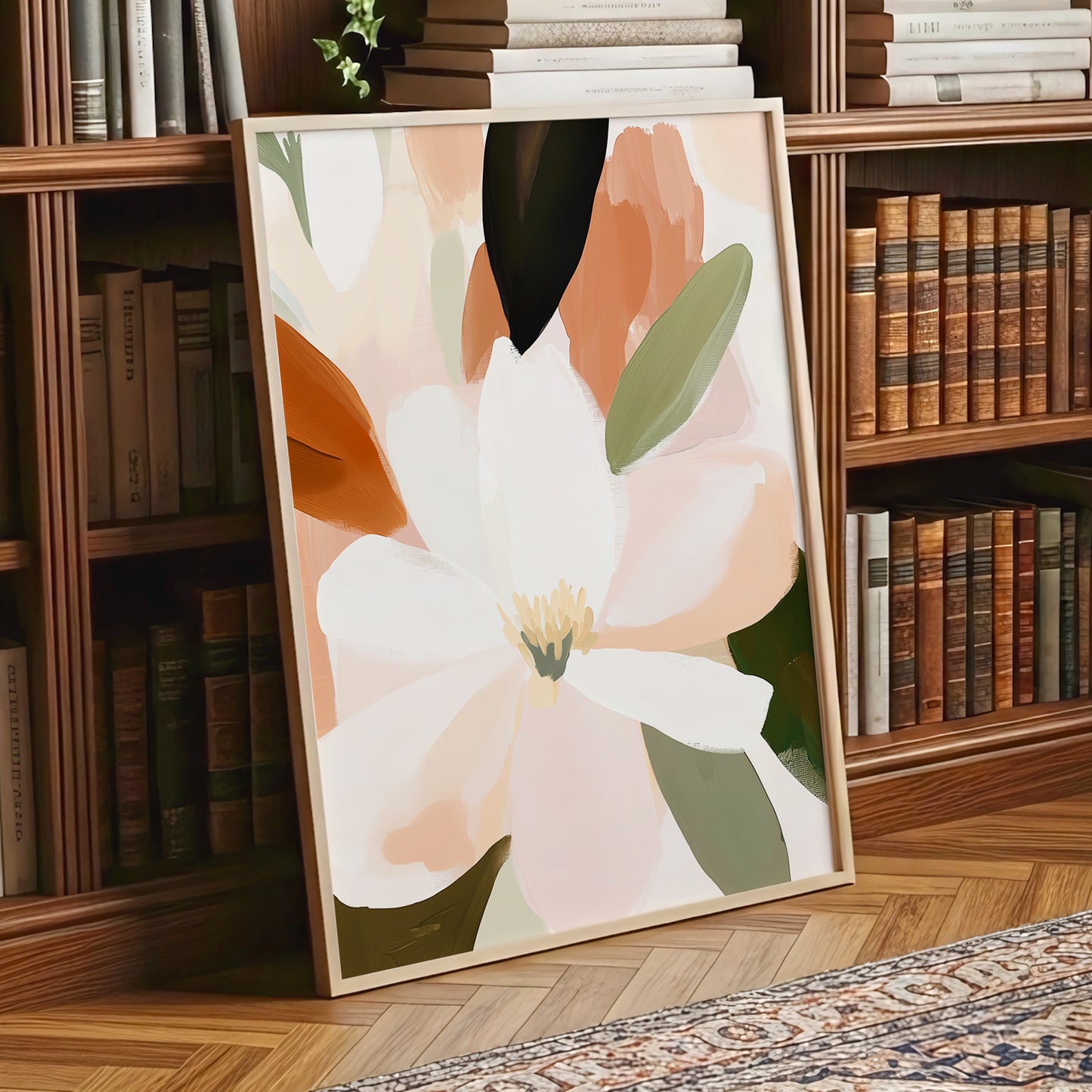 Ivory Bloom Collage, white, pink, green floral wall art displayed in a styled interior, gallery view 6