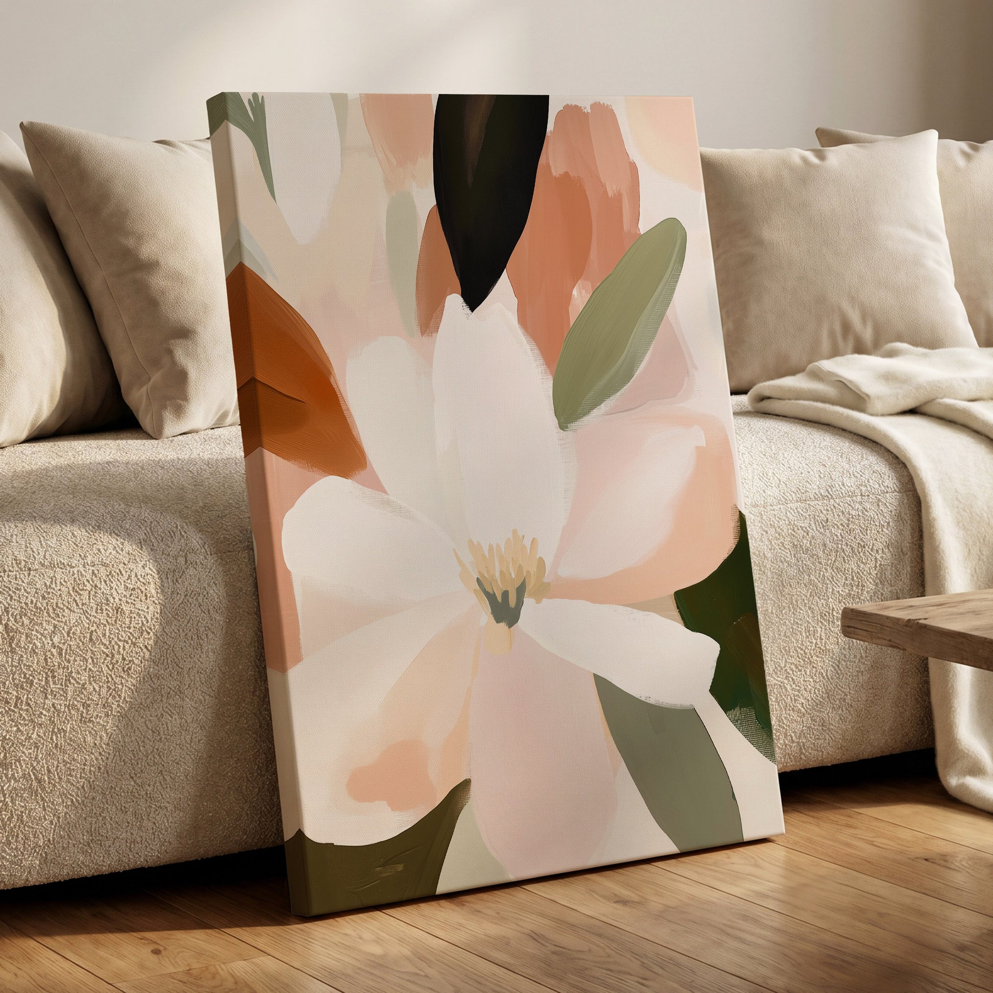 Ivory Bloom Collage, white, pink, green floral wall art displayed in a styled interior, gallery view 7