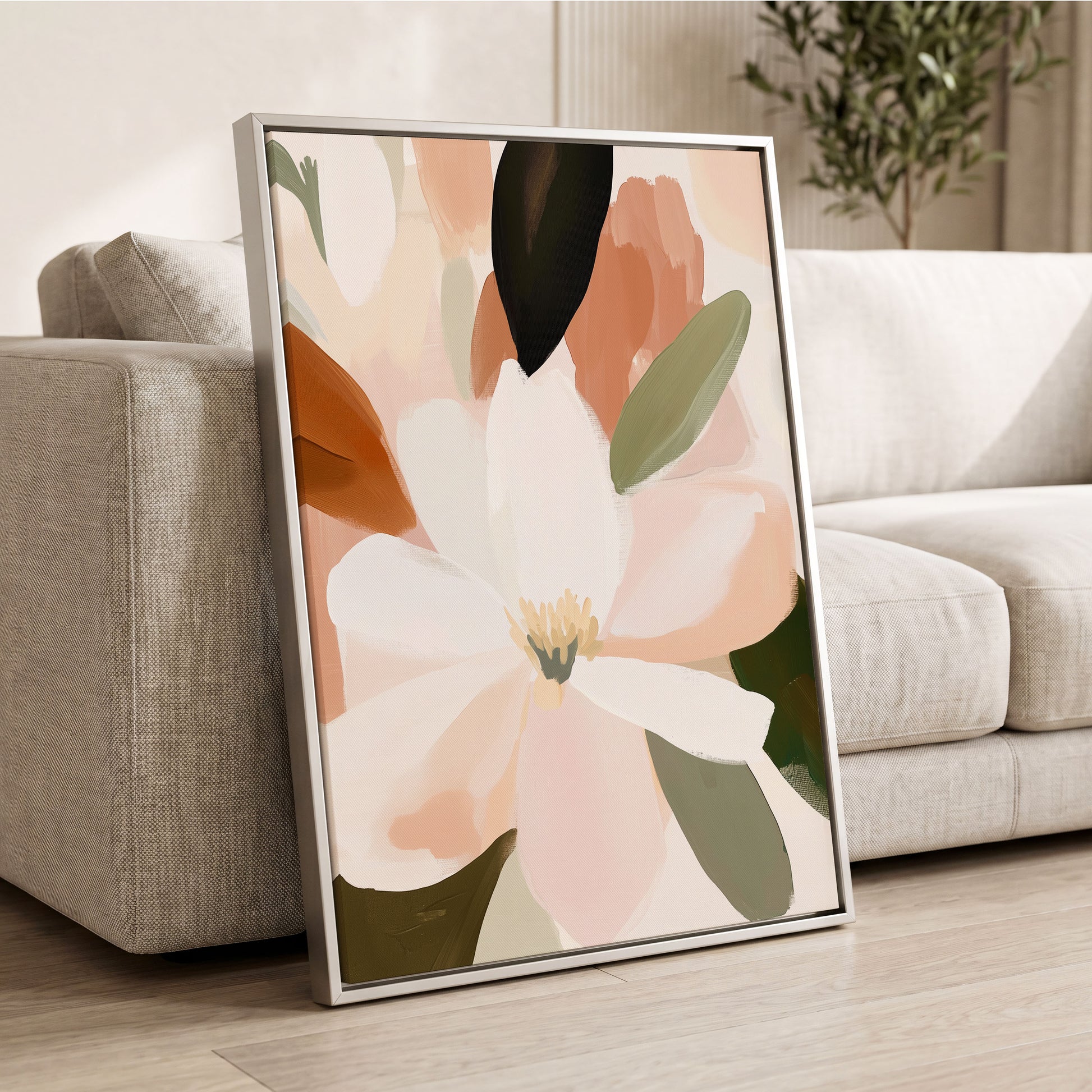 Ivory Bloom Collage, white, pink, green floral wall art displayed in a styled interior, gallery view 8