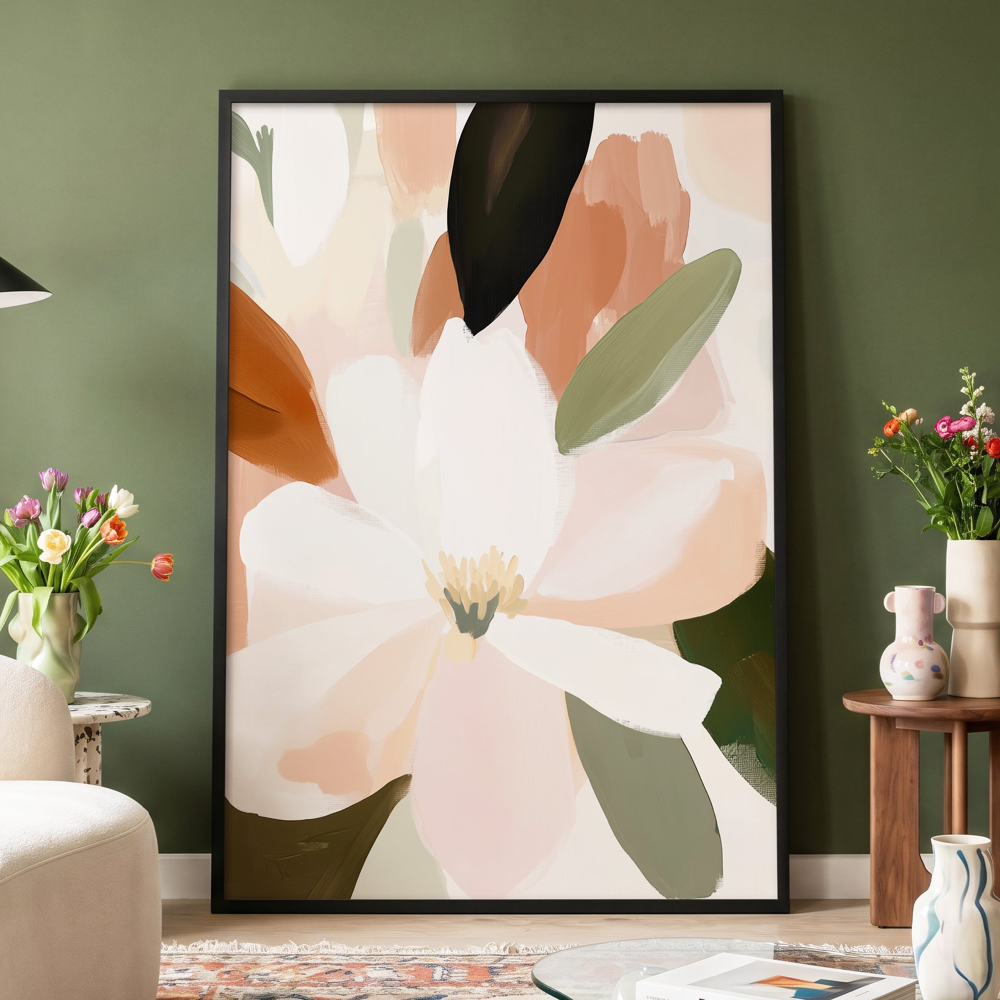 Ivory Bloom Collage, white, pink, green floral wall art displayed in a styled interior, gallery view 9
