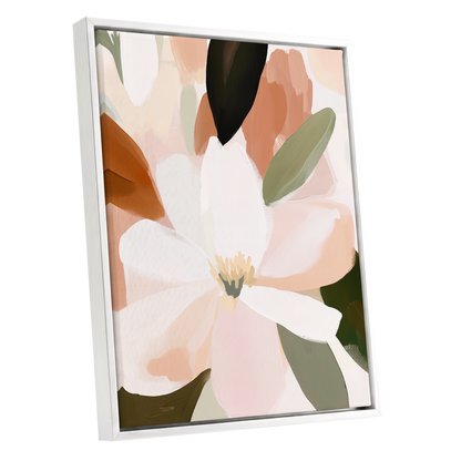 Ivory Bloom Collage, white, pink, green floral wall art shown as a white framed canvas wall art