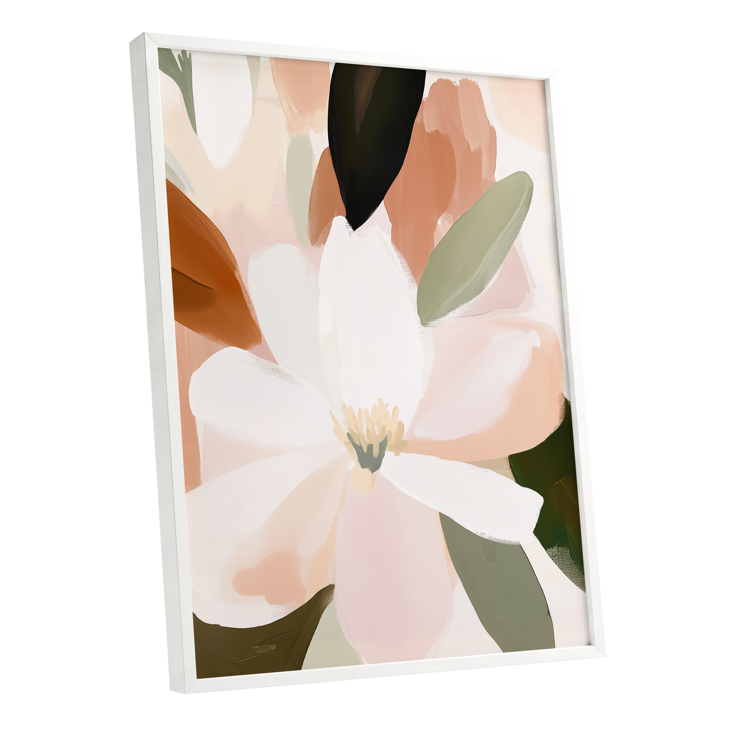 Ivory Bloom Collage, white, pink, green floral wall art shown as a white framed poster wall art print