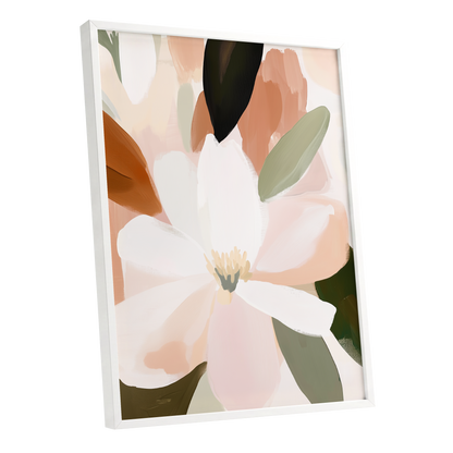 Ivory Bloom Collage, white, pink, green floral wall art shown as a white framed poster wall art print