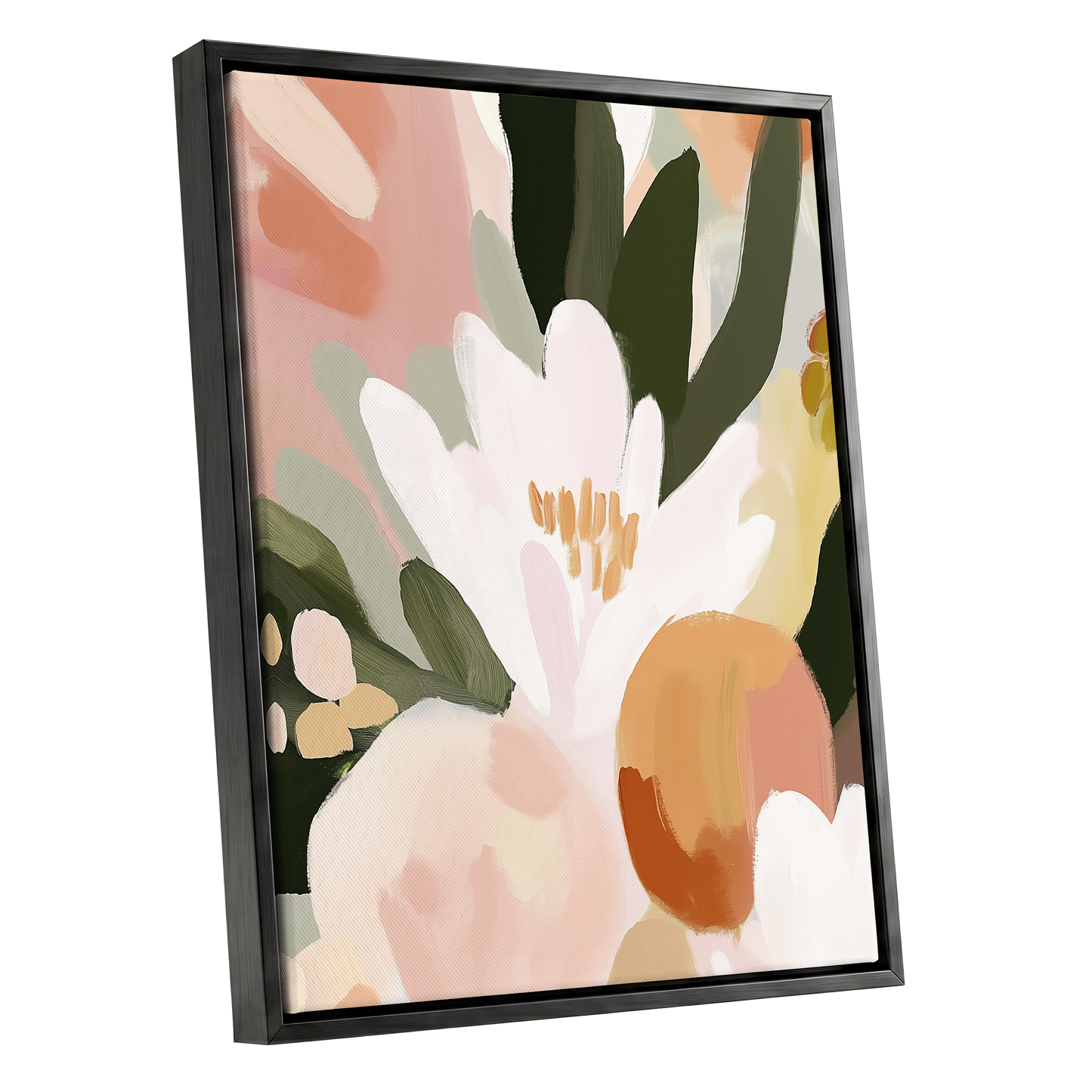 Ivory Bloom Crescendo, green, pink, white floral wall art shown as a black framed canvas wall art