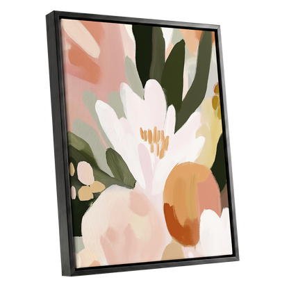 Ivory Bloom Crescendo, green, pink, white floral wall art shown as a black framed canvas wall art