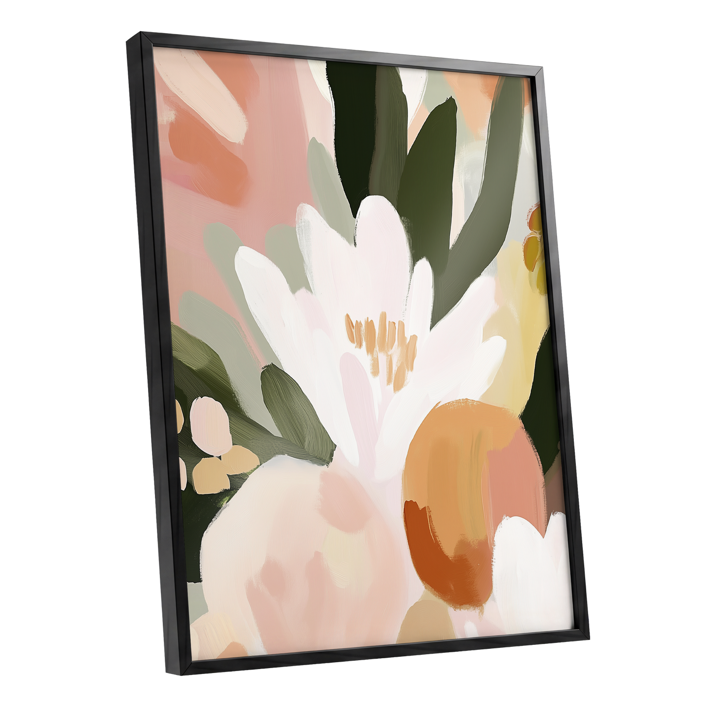 Ivory Bloom Crescendo, green, pink, white floral wall art shown as a black framed poster wall art print