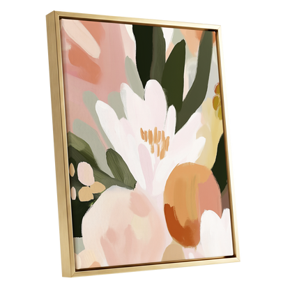 Ivory Bloom Crescendo, green, pink, white floral wall art shown as a gold framed canvas wall art