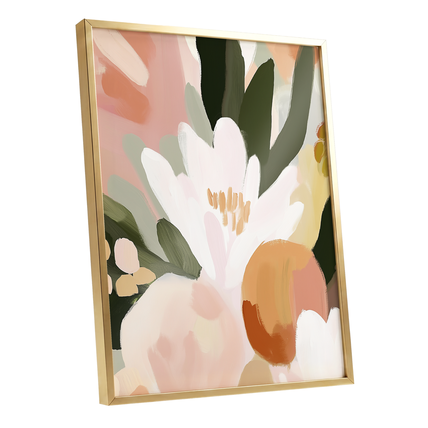 Ivory Bloom Crescendo, green, pink, white floral wall art shown as a gold framed poster wall art print