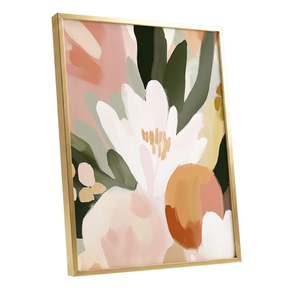 Ivory Bloom Crescendo, green, pink, white floral wall art shown as a gold framed poster wall art print
