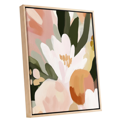 Ivory Bloom Crescendo, green, pink, white floral wall art shown as a oak framed canvas wall art
