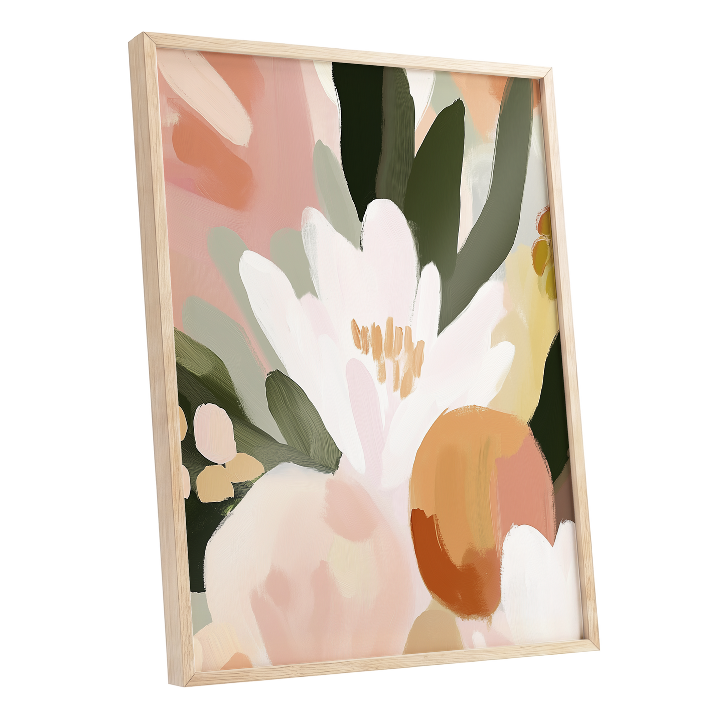 Ivory Bloom Crescendo, green, pink, white floral wall art shown as a oak framed poster wall art print