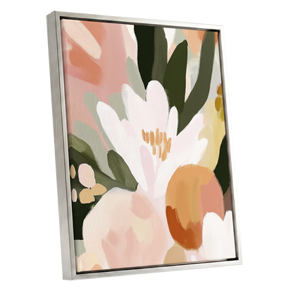 Ivory Bloom Crescendo, green, pink, white floral wall art shown as a silver framed canvas wall art