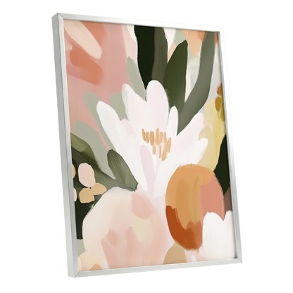 Ivory Bloom Crescendo, green, pink, white floral wall art shown as a silver framed poster wall art print