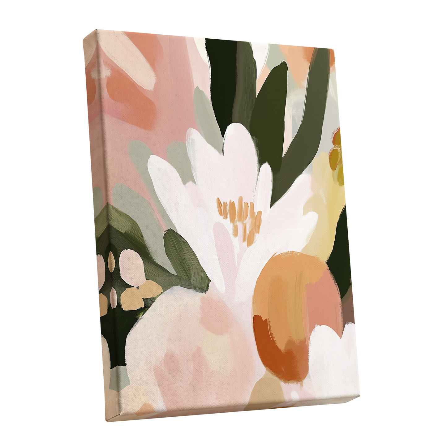 Ivory Bloom Crescendo, green, pink, white floral wall art shown as a stretched canvas wall art