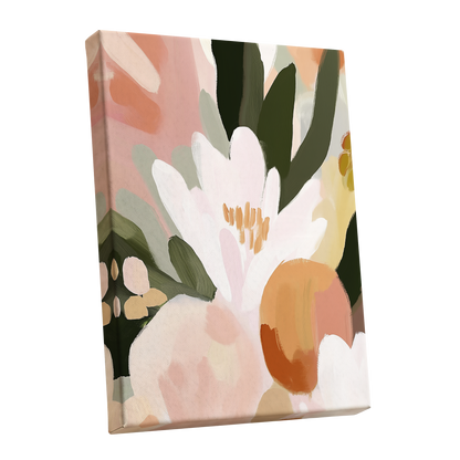 Ivory Bloom Crescendo, green, pink, white floral wall art shown as a stretched canvas wall art