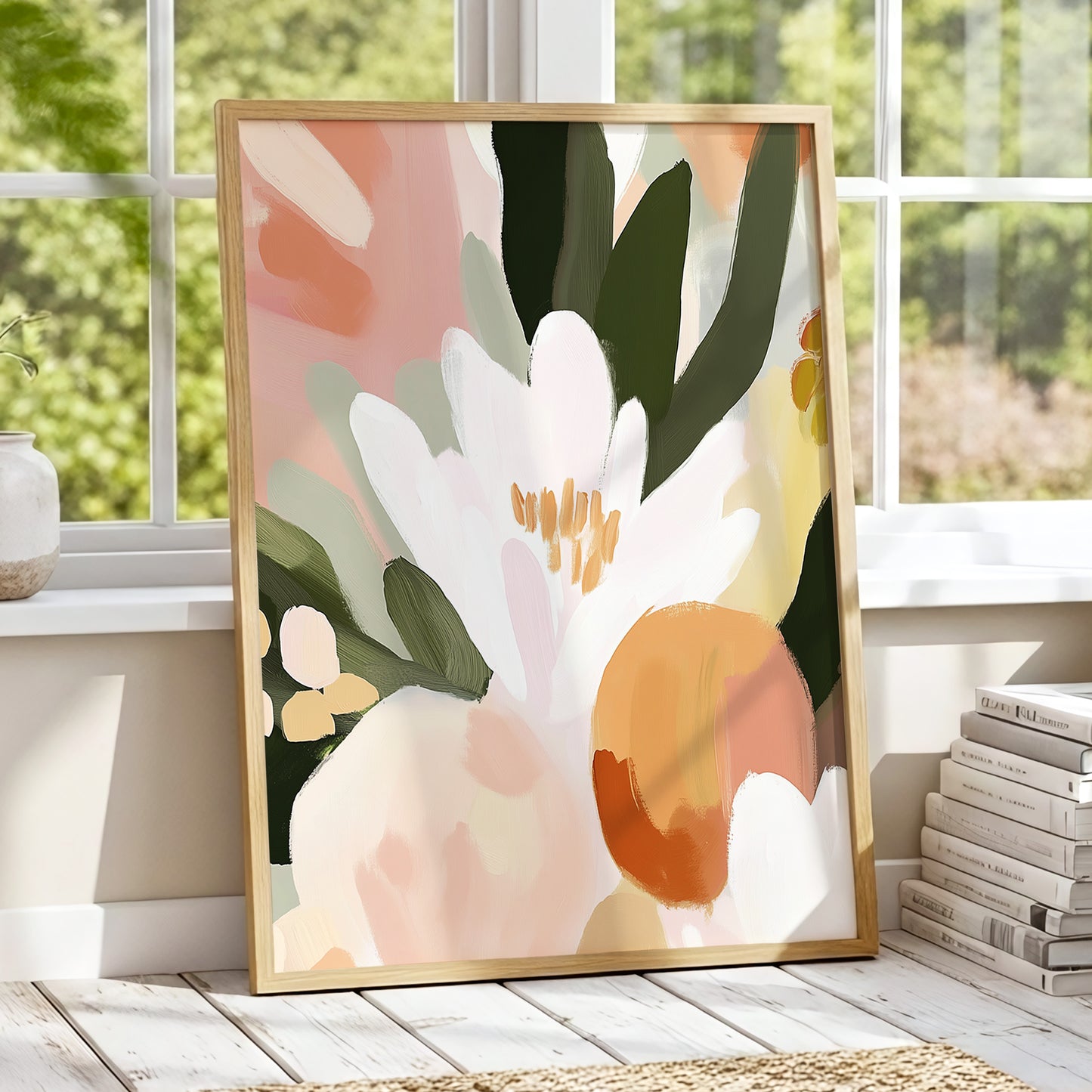 Ivory Bloom Crescendo, green, pink, white floral wall art displayed in a styled interior, gallery view 2
