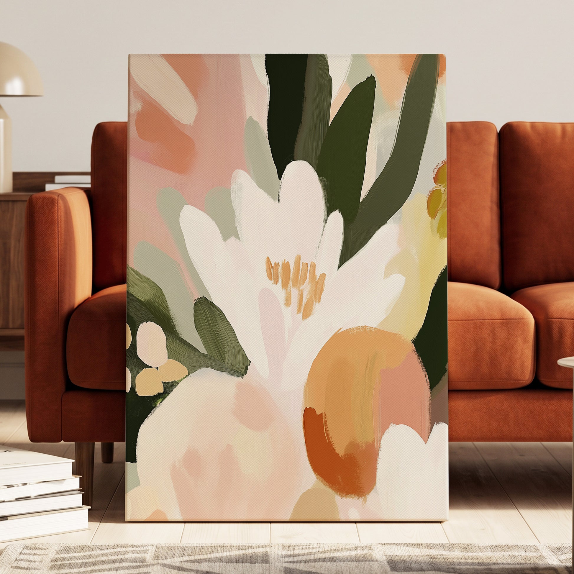 Ivory Bloom Crescendo, green, pink, white floral wall art displayed in a styled interior, gallery view 3