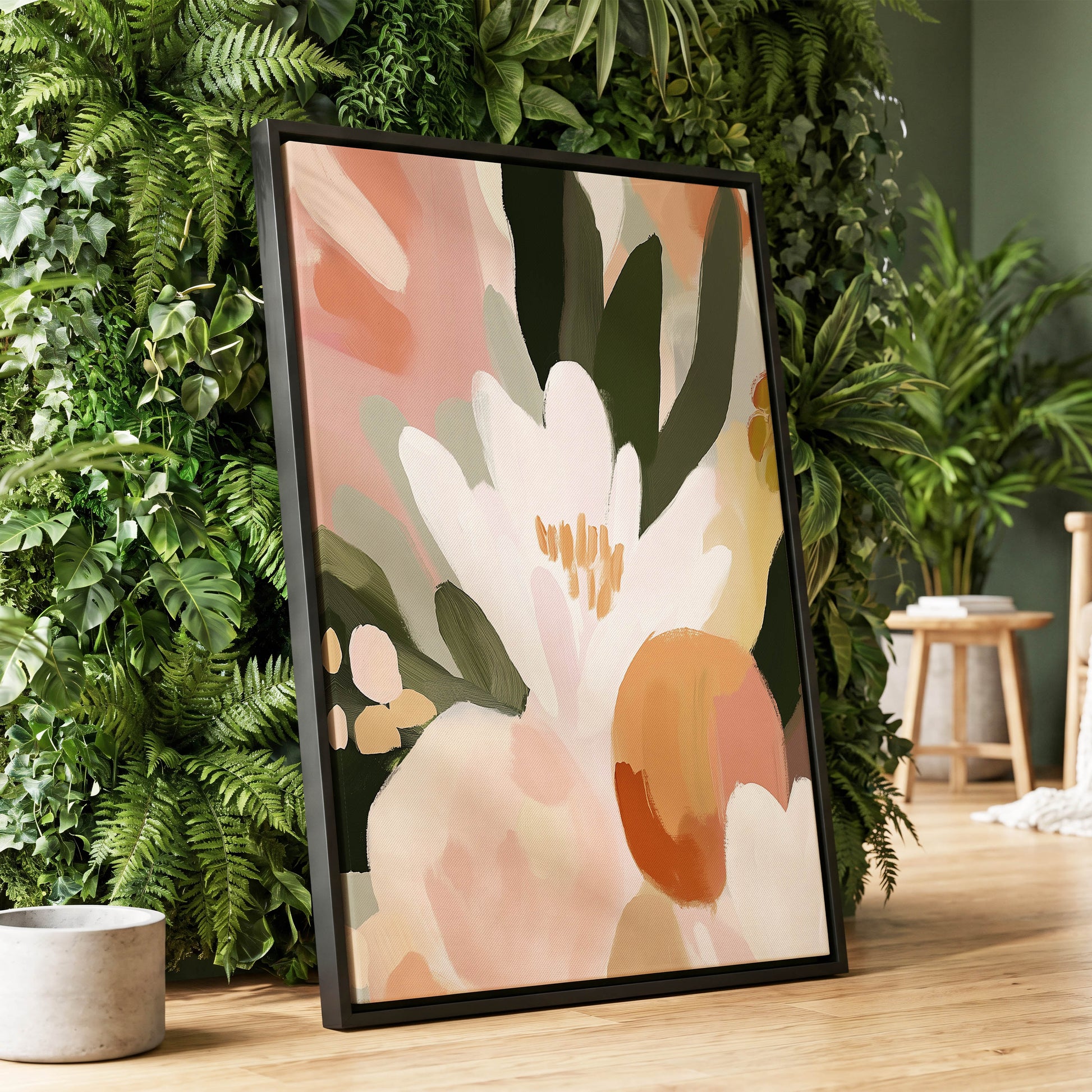 Ivory Bloom Crescendo, green, pink, white floral wall art displayed in a styled interior, gallery view 4