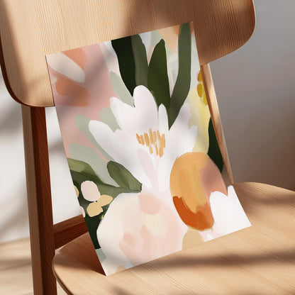 Ivory Bloom Crescendo, green, pink, white floral wall art displayed in a styled interior, gallery view 5