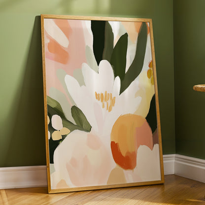 Ivory Bloom Crescendo, green, pink, white floral wall art displayed in a styled interior, gallery view 6