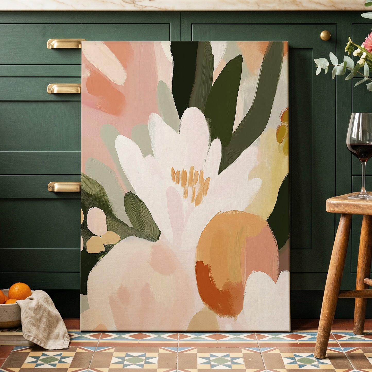 Ivory Bloom Crescendo, green, pink, white floral wall art displayed in a styled interior, gallery view 7