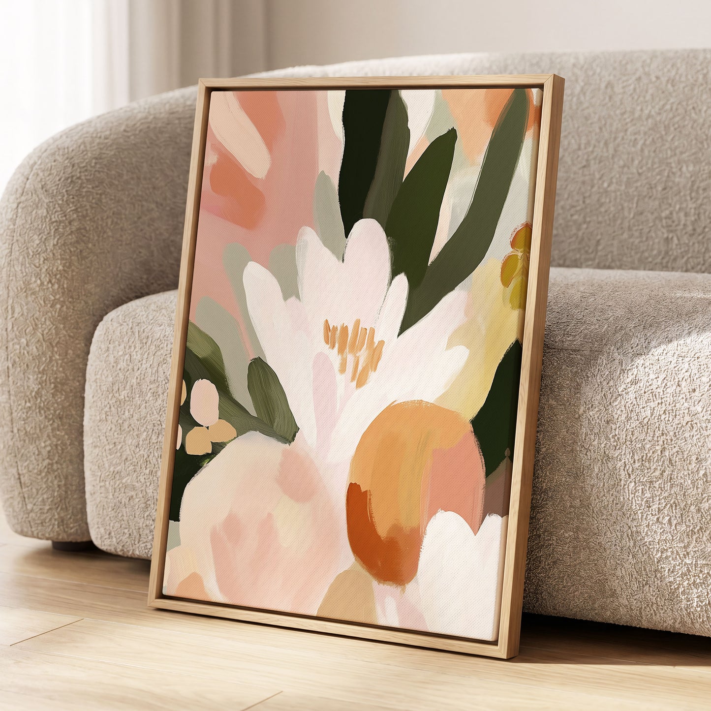 Ivory Bloom Crescendo, green, pink, white floral wall art displayed in a styled interior, gallery view 8