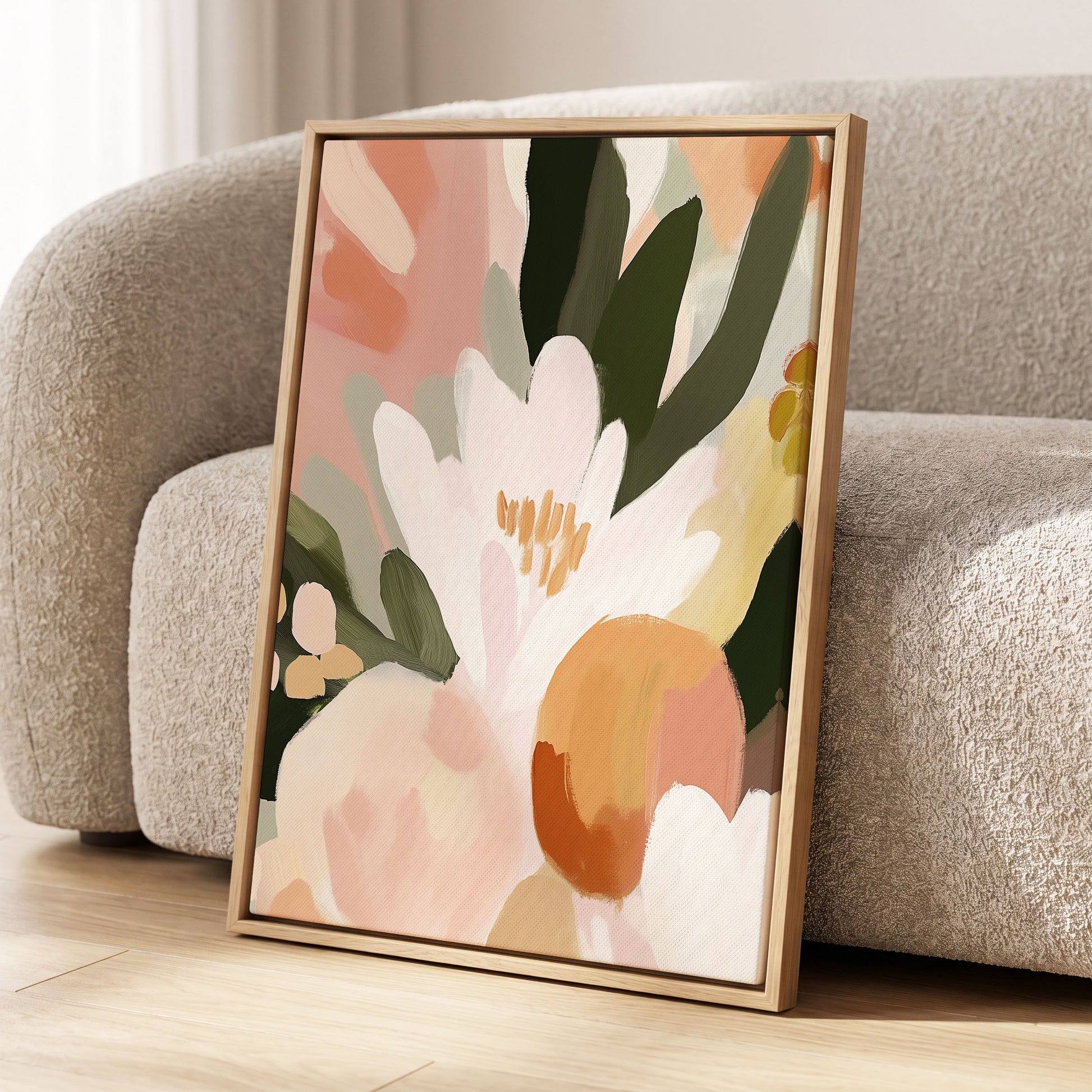 Ivory Bloom Crescendo, green, pink, white floral wall art displayed in a styled interior, gallery view 8