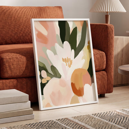 Ivory Bloom Crescendo, green, pink, white floral wall art displayed in a styled interior, gallery view 9