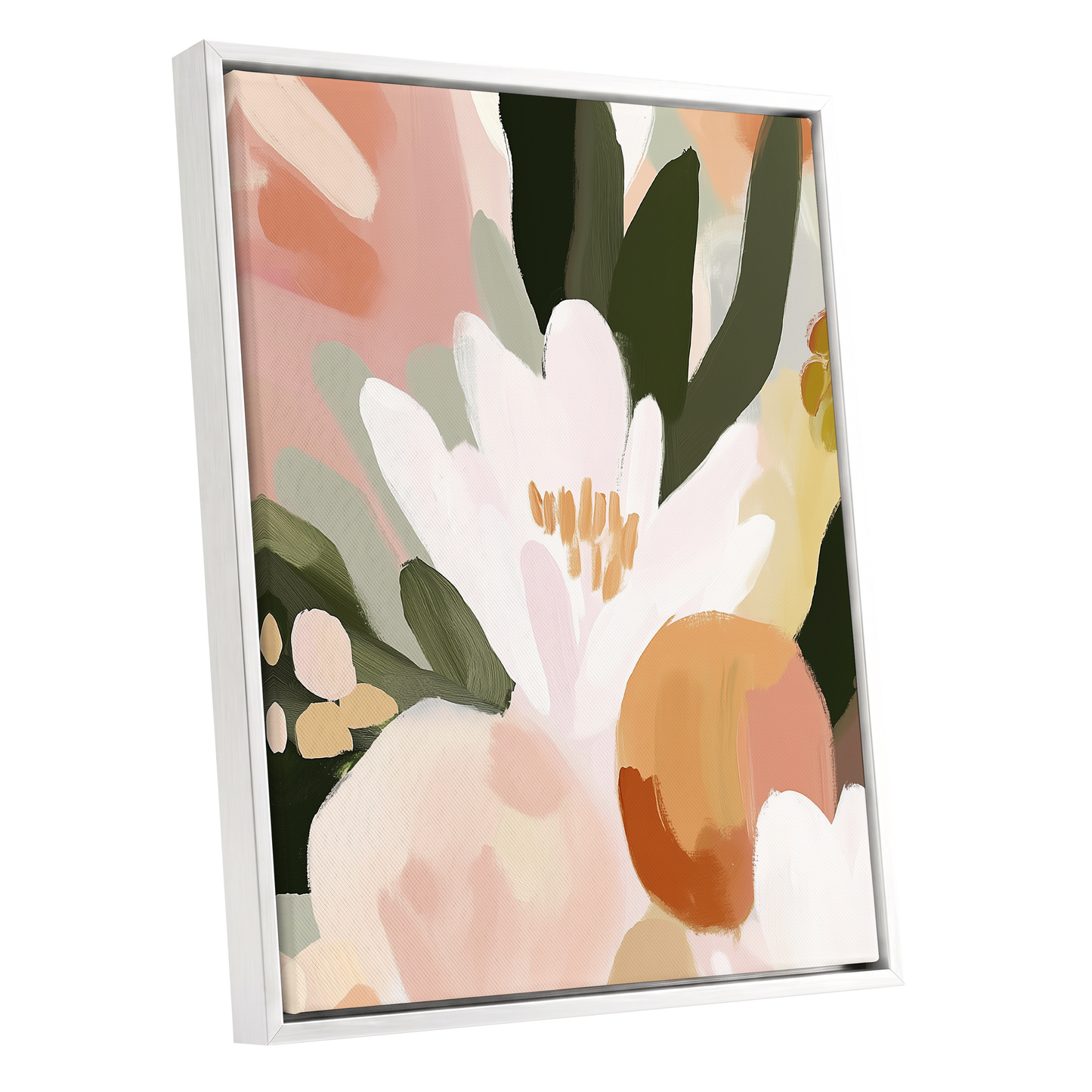 Ivory Bloom Crescendo, green, pink, white floral wall art shown as a white framed canvas wall art