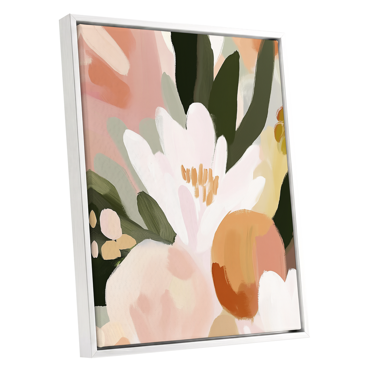 Ivory Bloom Crescendo, green, pink, white floral wall art shown as a white framed canvas wall art