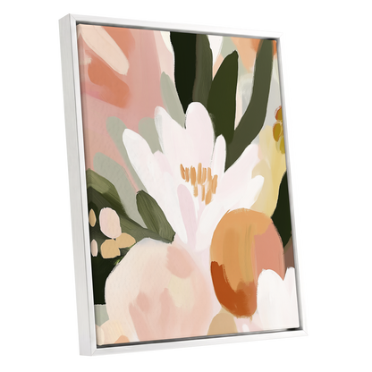 Ivory Bloom Crescendo, green, pink, white floral wall art shown as a white framed canvas wall art