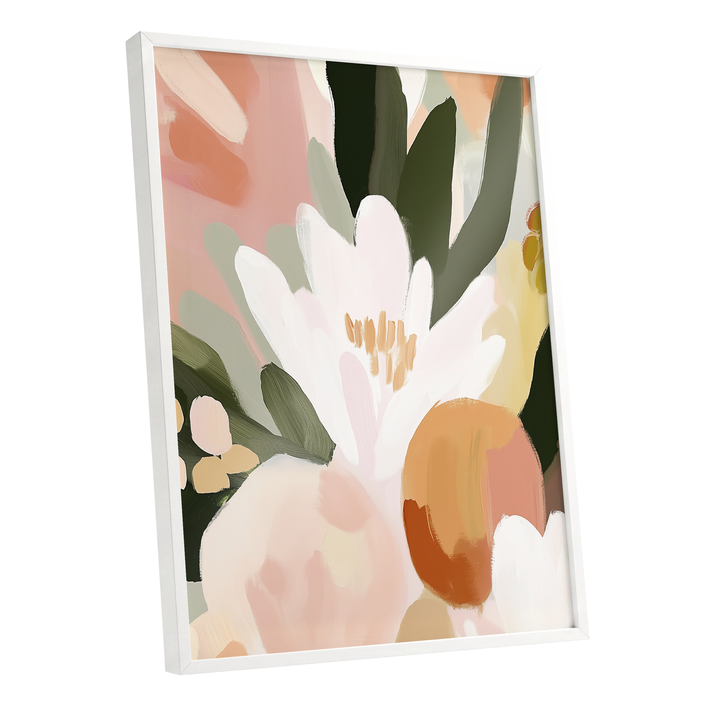 Ivory Bloom Crescendo, green, pink, white floral wall art shown as a white framed poster wall art print