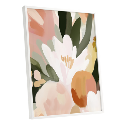 Ivory Bloom Crescendo, green, pink, white floral wall art shown as a white framed poster wall art print