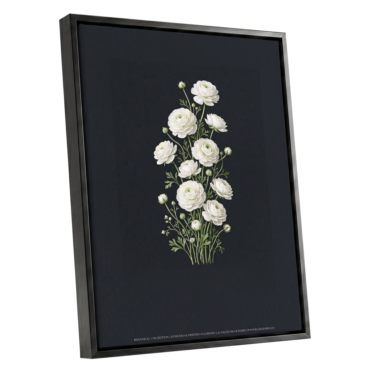 Ivory Bloom Study, black, green, white floral wall art shown as a black framed canvas wall art