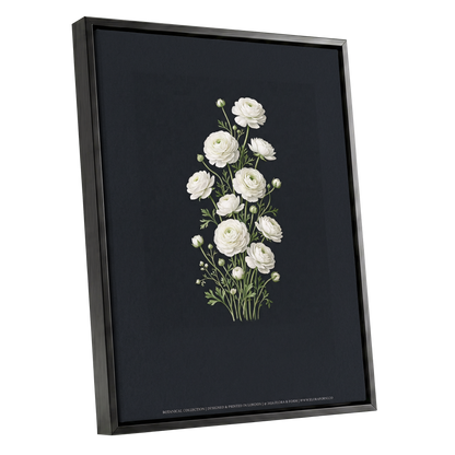 Ivory Bloom Study, black, green, white floral wall art shown as a black framed canvas wall art