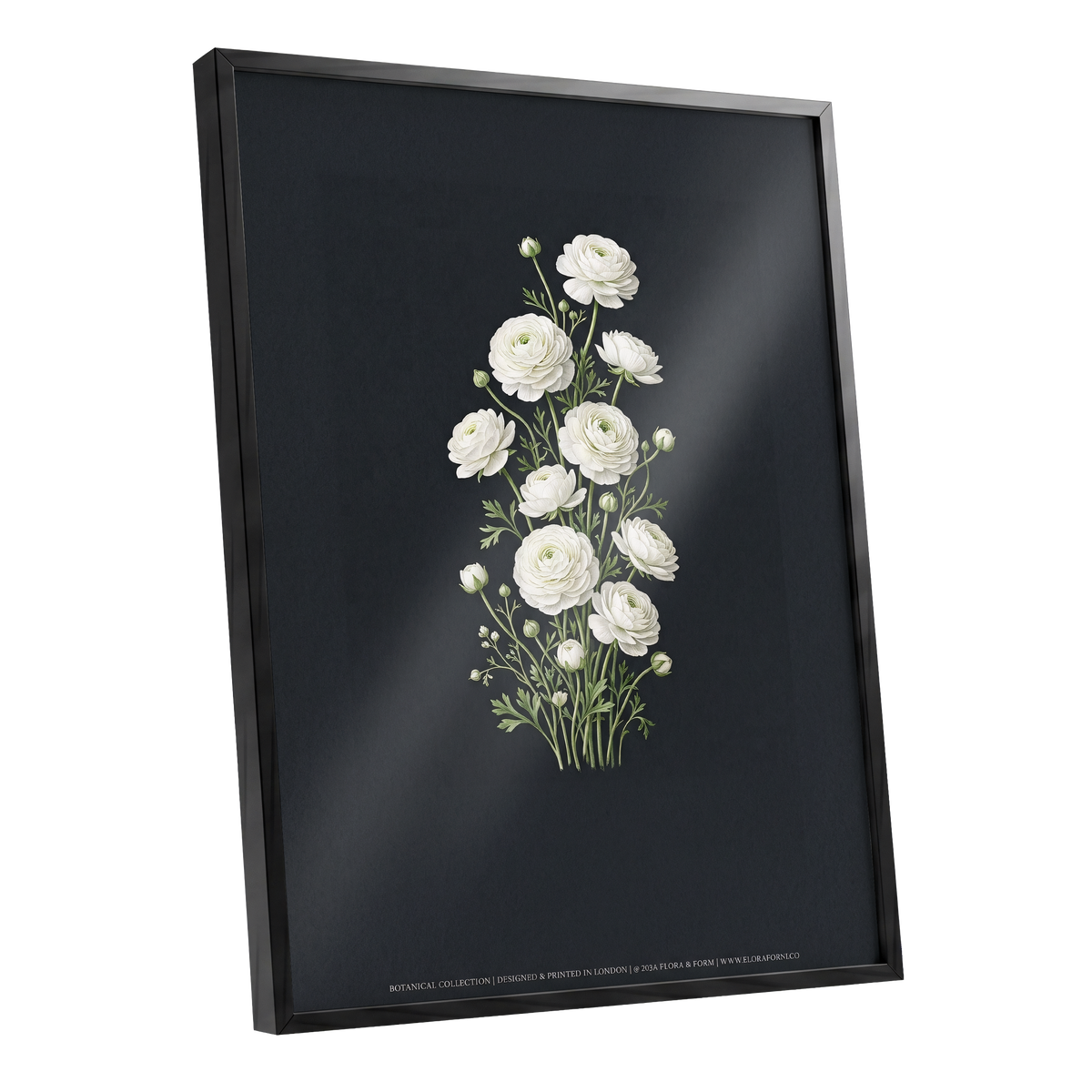 Ivory Bloom Study, black, green, white floral wall art shown as a black framed poster wall art print