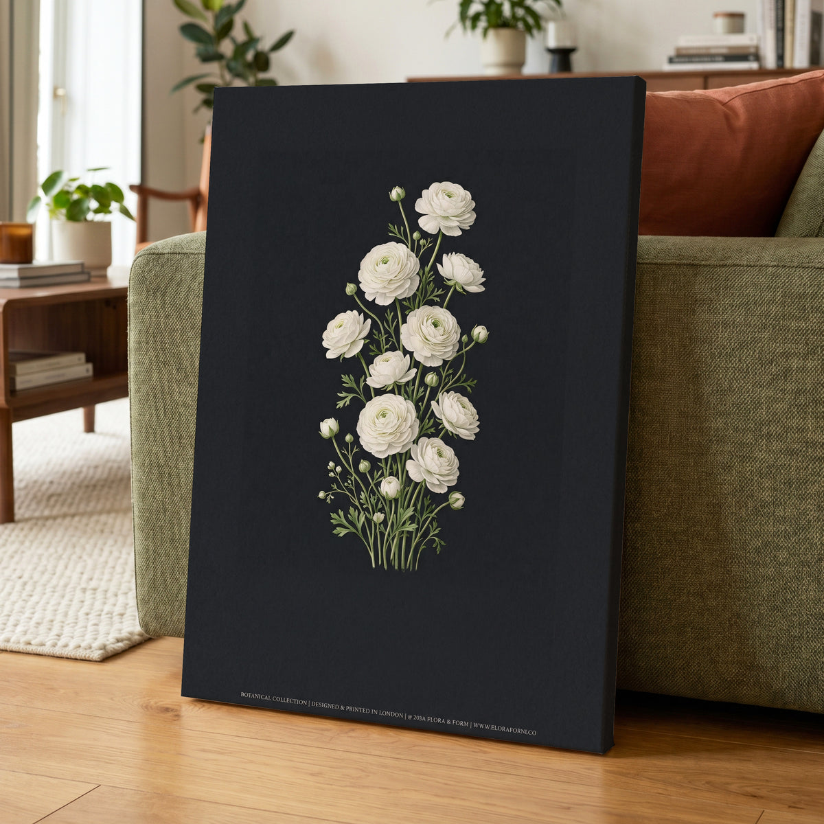 Ivory Bloom Study, black, green, white floral wall art on canvas displayed in a styled interior, gallery view 1