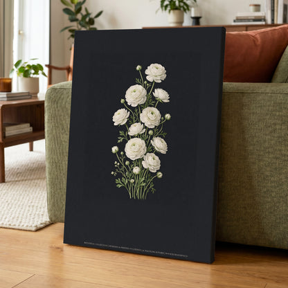 Ivory Bloom Study, black, green, white floral wall art on canvas displayed in a styled interior, gallery view 1