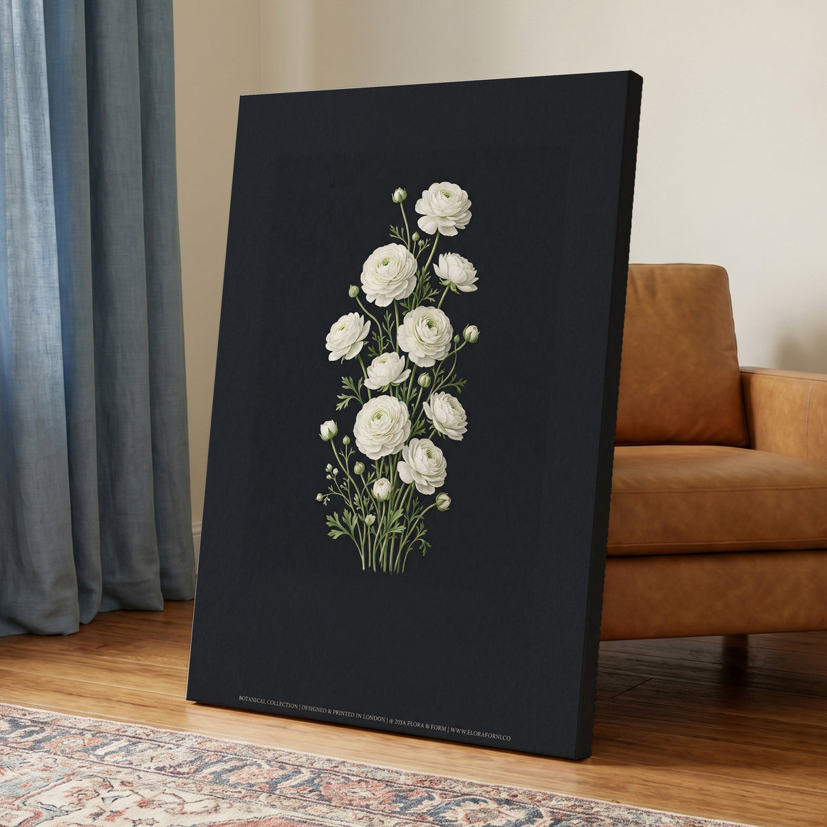 Ivory Bloom Study, black, green, white floral wall art on canvas displayed in a styled interior, gallery view 2