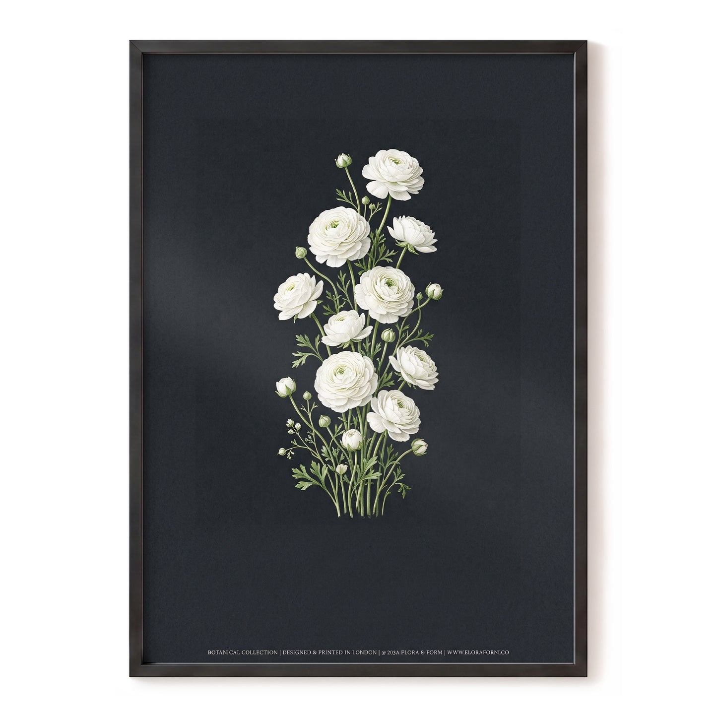 Ivory Bloom Study, black, green, white floral wall art, front artwork view