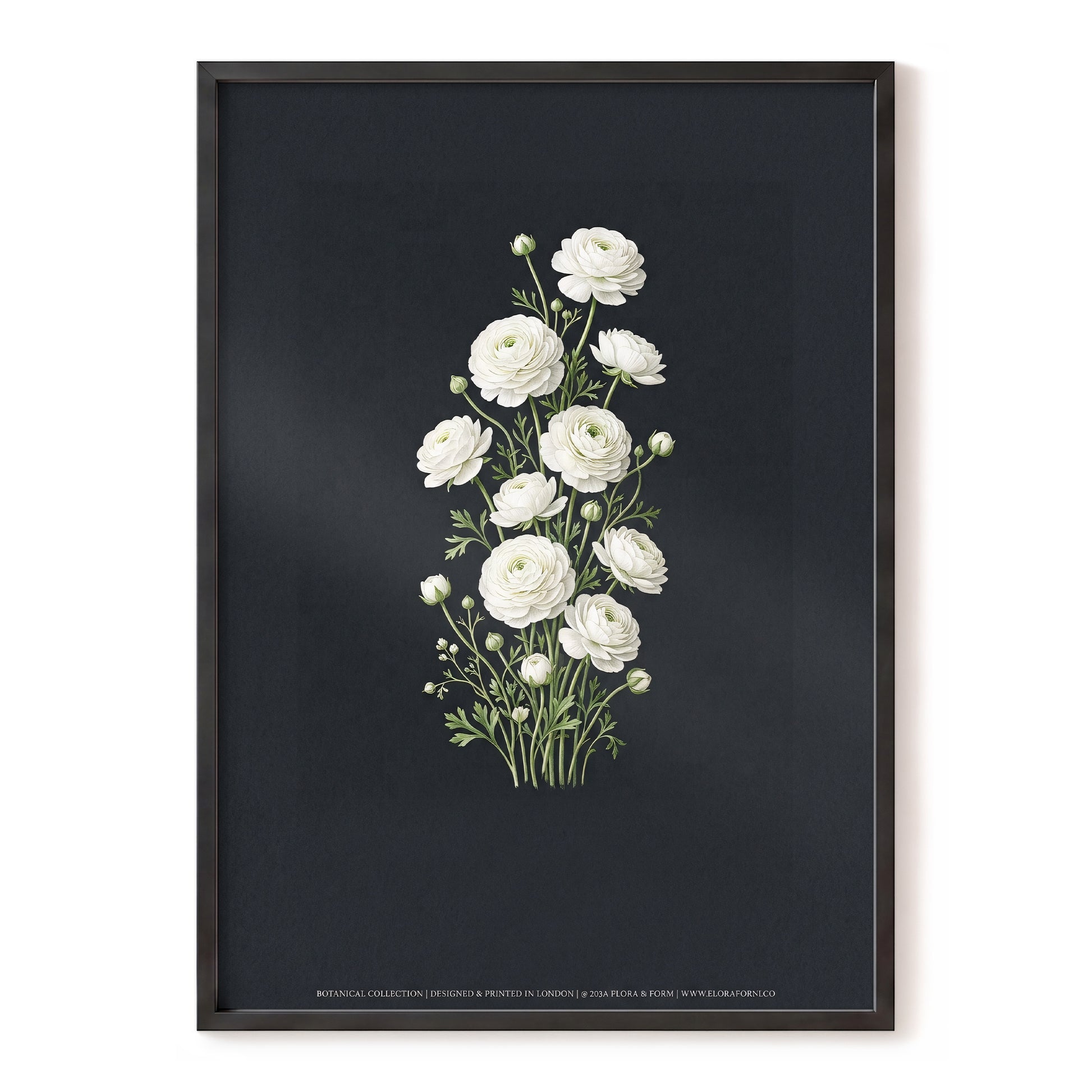 Ivory Bloom Study, black, green, white floral wall art, front artwork view