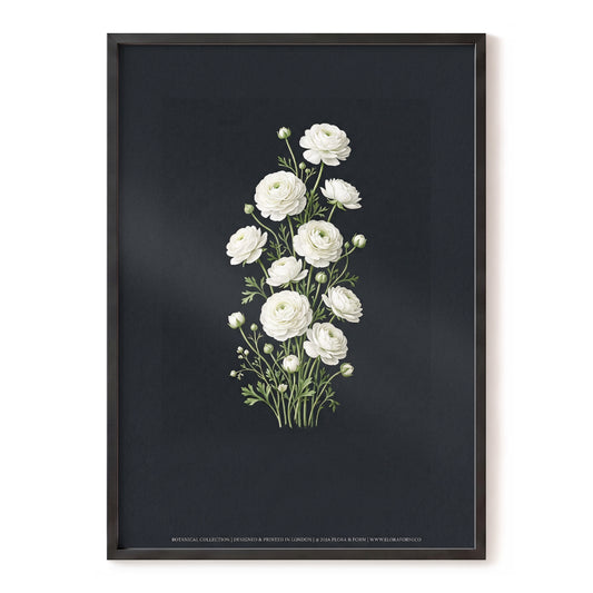 Ivory Bloom Study, black, green, white floral wall art, front artwork view