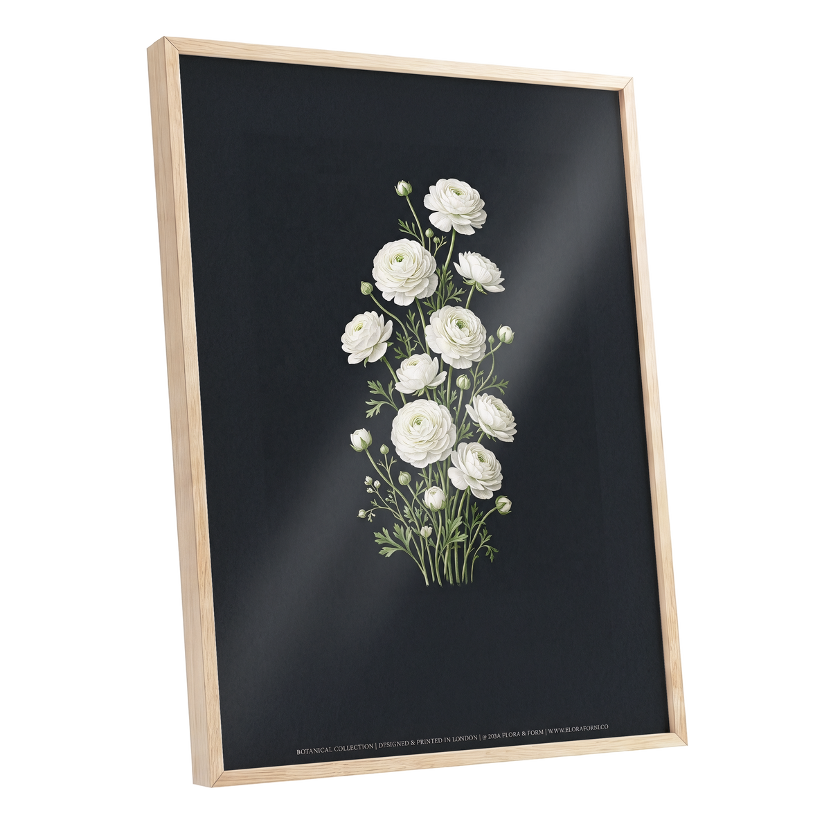Ivory Bloom Study, black, green, white floral wall art shown as a oak framed poster wall art print