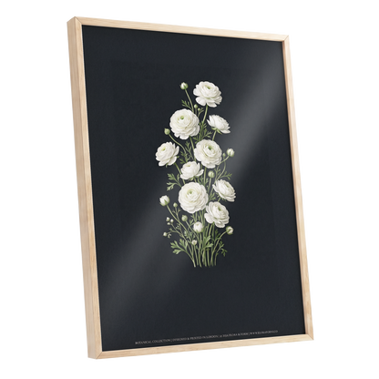 Ivory Bloom Study, black, green, white floral wall art shown as a oak framed poster wall art print