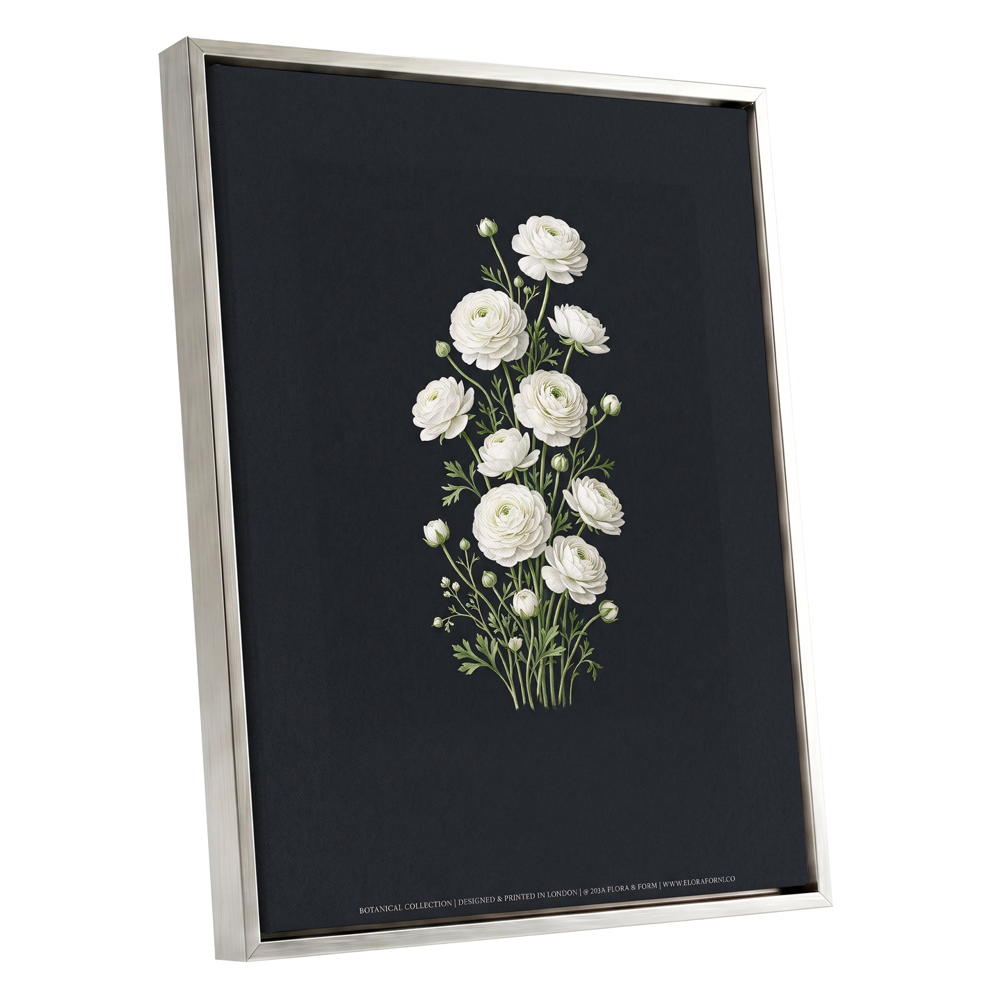 Ivory Bloom Study, black, green, white floral wall art shown as a silver framed canvas wall art